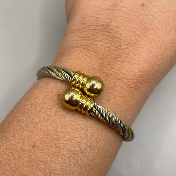 Vintage Silver Gold Tone Spiral Twisted Bangle Cuff Statement Bracelet - Picture 1 of 3